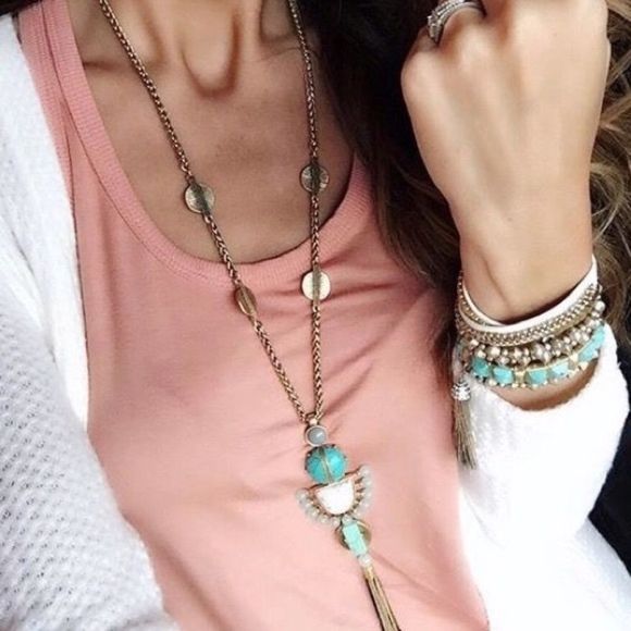 EUC Stella & Dot Totem Tassel Necklace Turquoise Gold - Picture 11 of 13